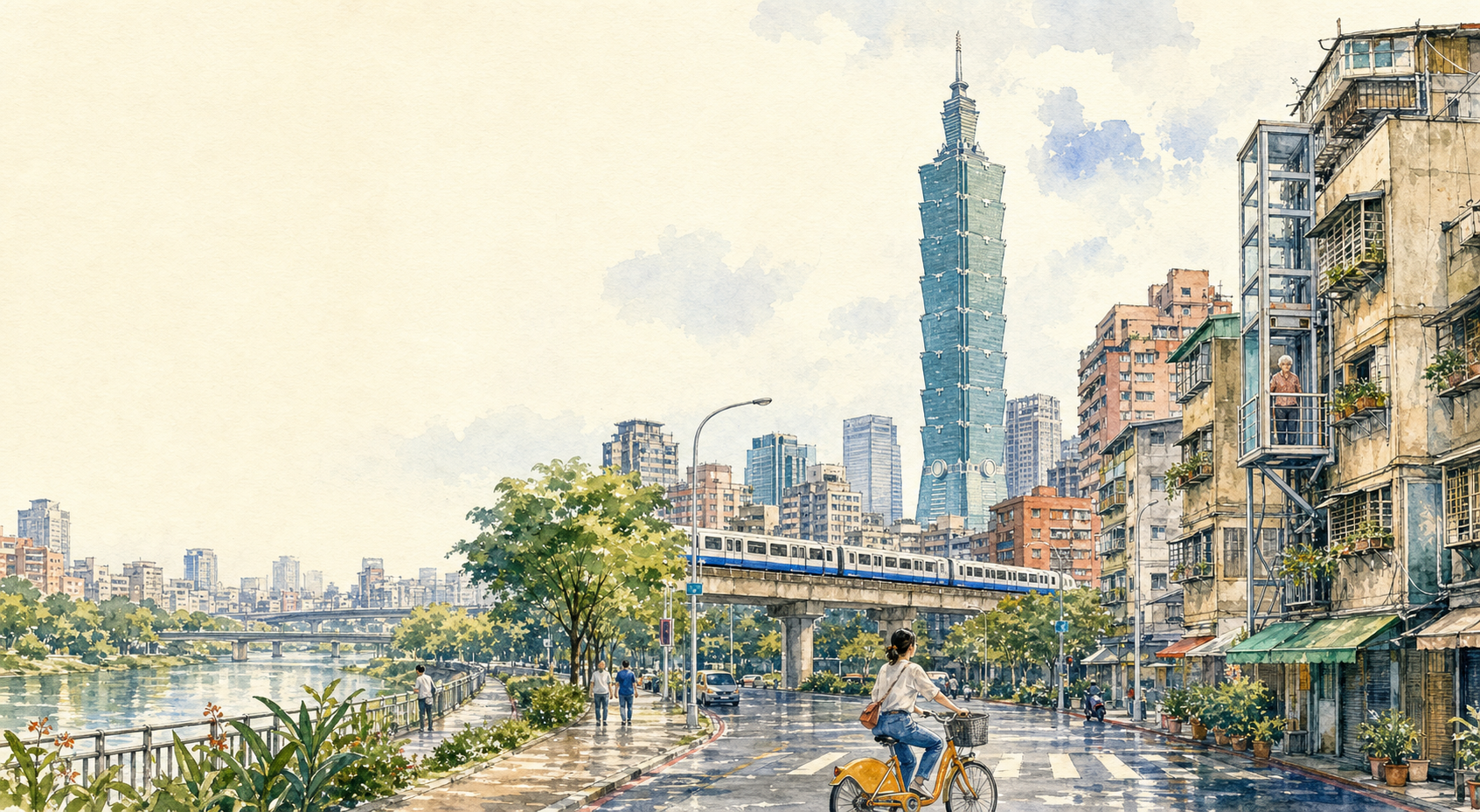 手繪水彩描繪臺北101、捷運、YouBike、河岸與城市住宅