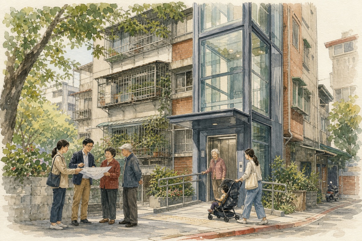 老屋無障礙:老公寓增設電梯補助升級,申請門檻與整合困難有降低嗎?的手繪水彩議題插畫