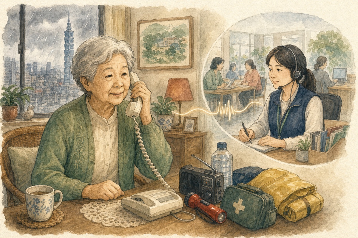 高齡關懷:災害預防 AI 語音關懷,能真正接住獨居長者需求嗎?的手繪水彩議題插畫