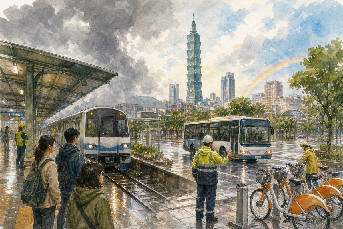 運輸韌性:颱風期間公共運輸停駛與復駛通知,是否清楚且好安排?的手繪水彩議題插畫