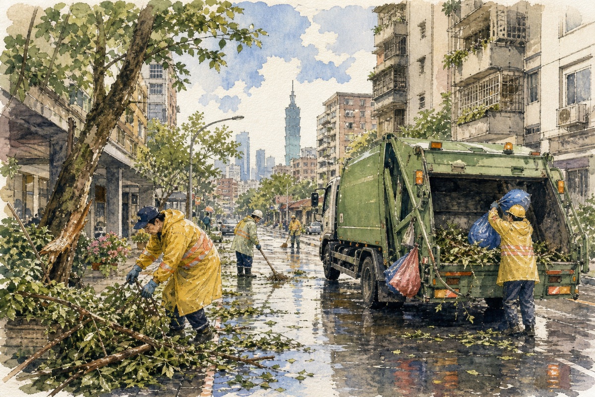 災後復原:颱風後垃圾復運與市容清理,資訊與速度讓你滿意嗎?的手繪水彩議題插畫