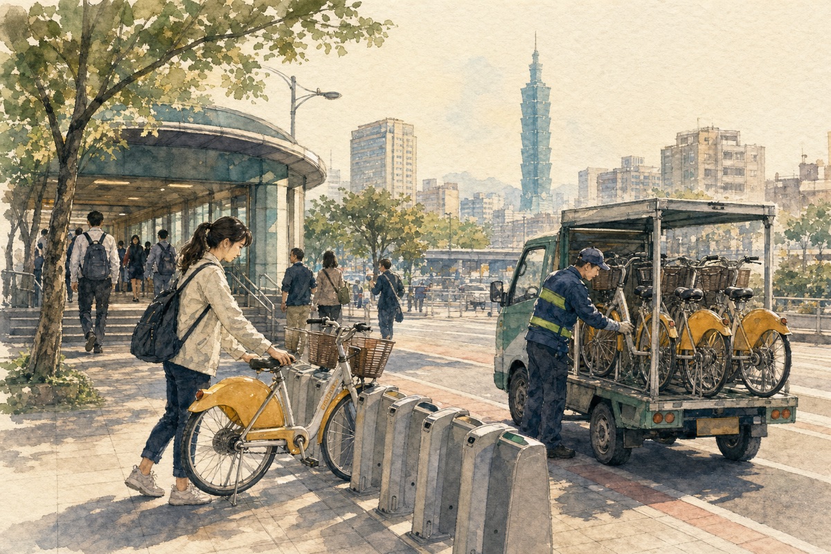 公共自行車:YouBike『友愛接力』上路後,尖峰借還車有更順暢嗎?的手繪水彩議題插畫